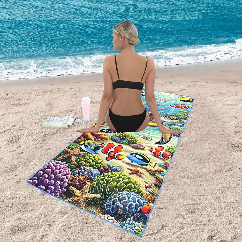 JAODFK Microfibre Beach Towel 71"X32" Quick Dry Lightweight Sand Free Extra Large Thin Towels Sea Animals Travel Essentials For Adults Womens Swim