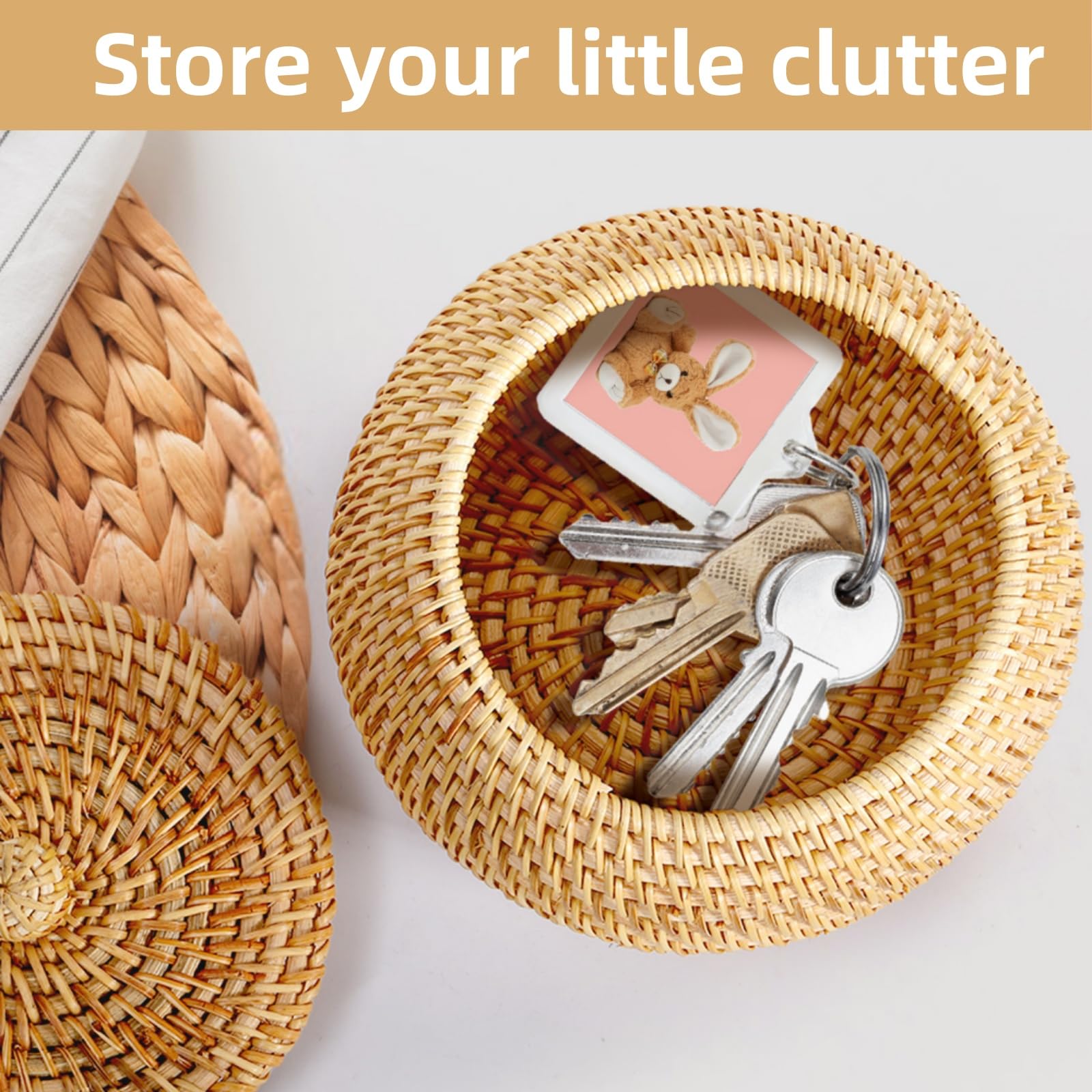 WRINGKIT Small Rattan Basket Box with Lid, Handmade Woven