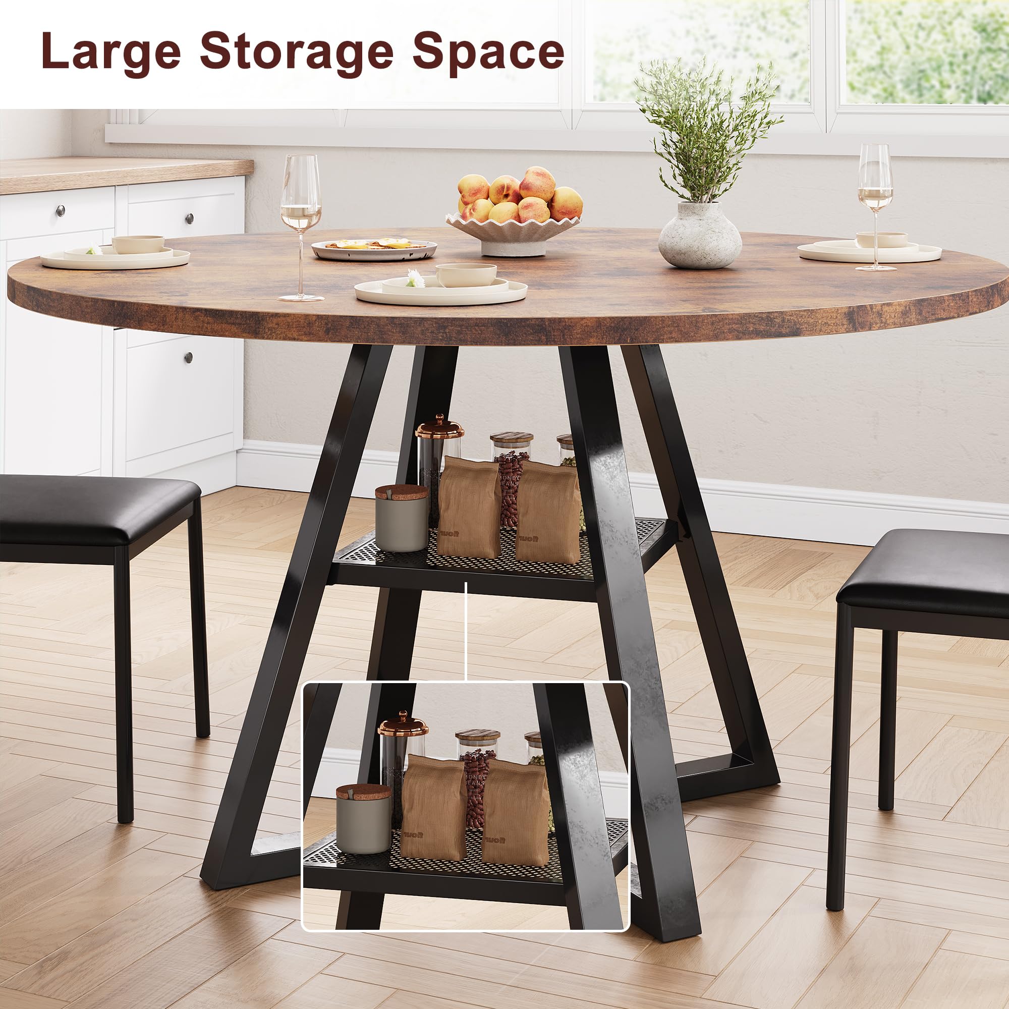 Jocoevol Round Dining Table for 2-4 People, Circle Dinner Table with Shelves, Space Saving Wood Kitchen & Dining Room Furniture (Vintage, 42 inch