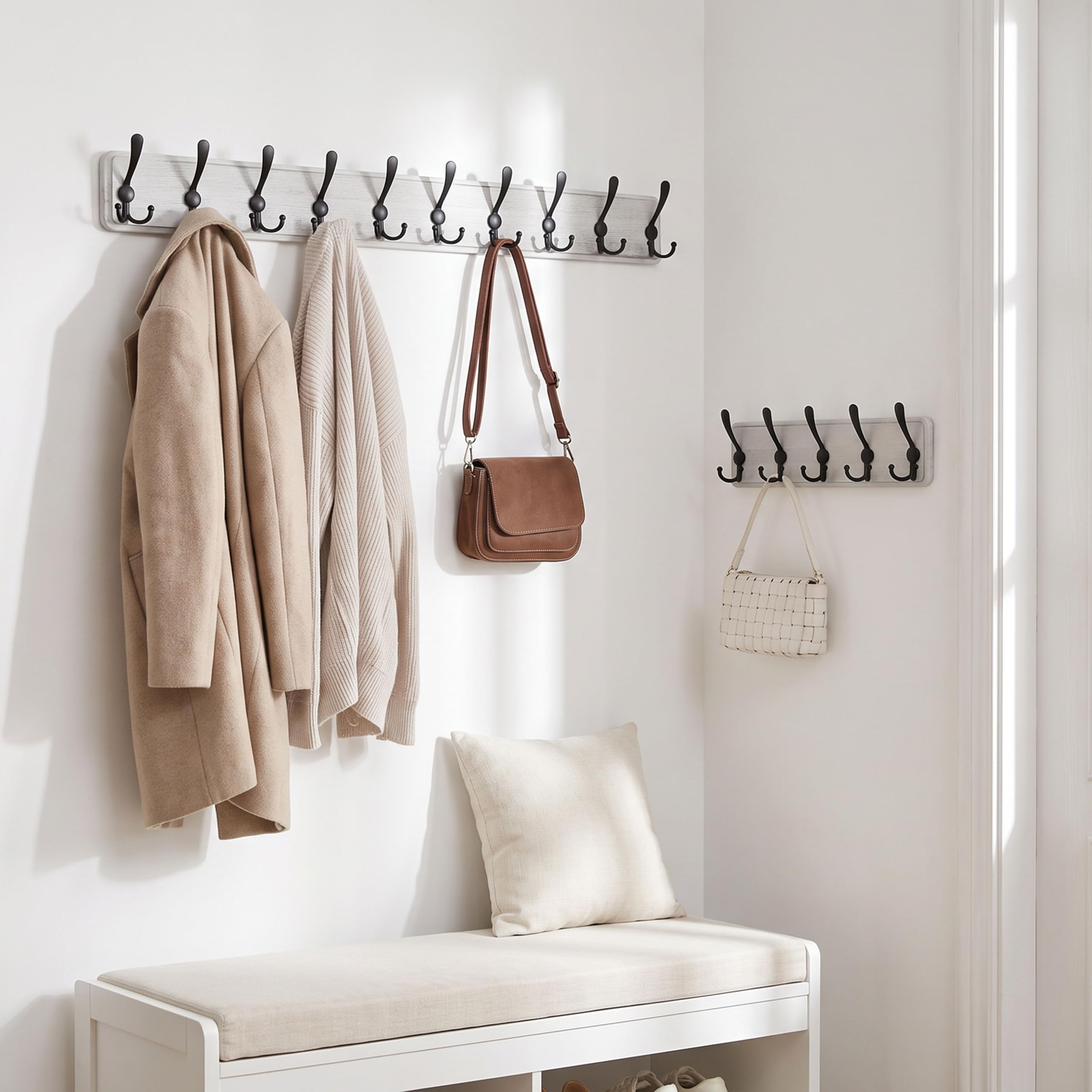 WEBI Coat Rack Wall Mounted,98cm Long,10 Hooks,Wood Coat Hooks Wall Mounted,Coat Hanger Wall,Hook Rack Rail,Triple Hooks for Hanging