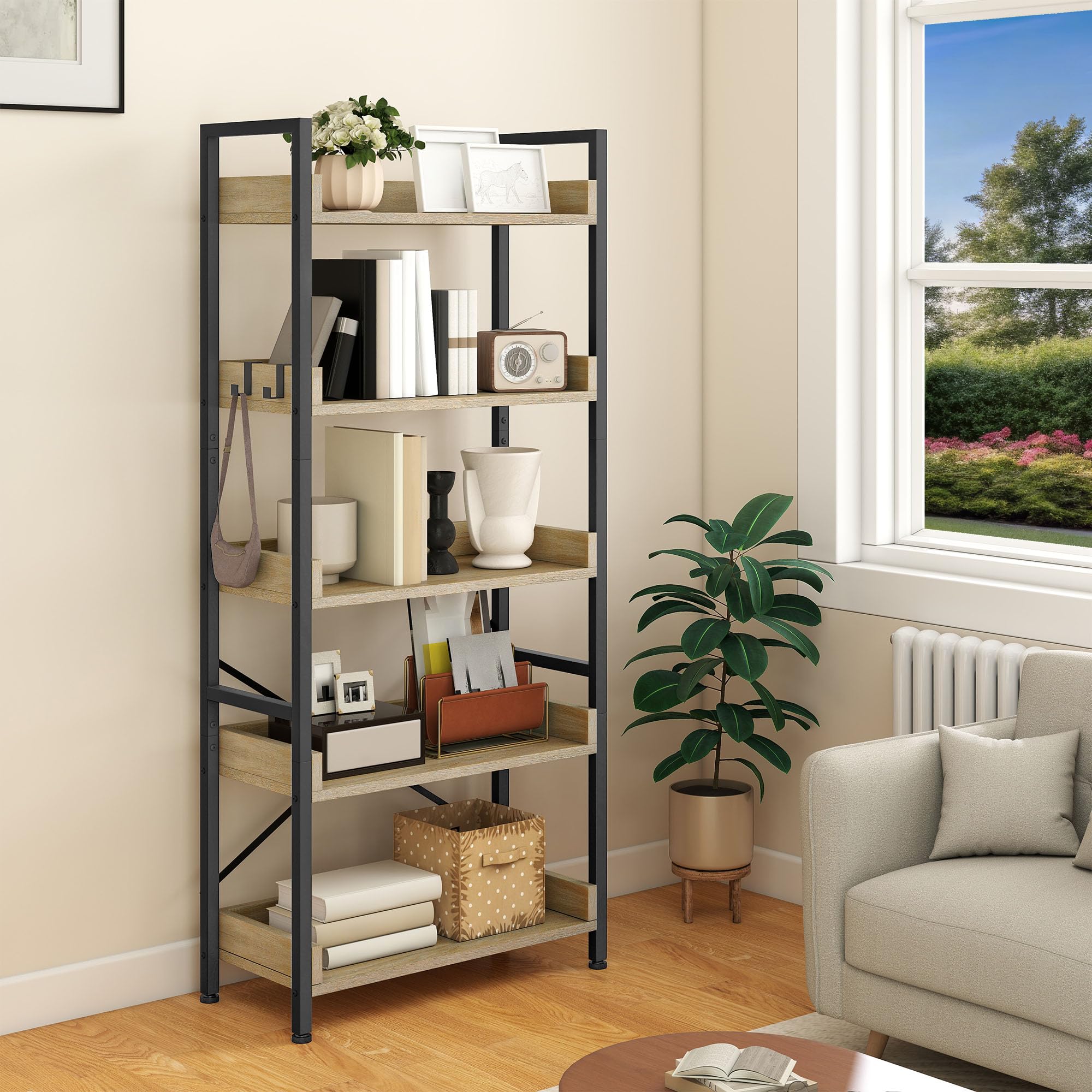 YITAHOME Bookcase 5-Tier, Tall Narrow Bookcase Thin Book Shelf Wooden Shelves Wooden Shelf With Stable Steel Frame