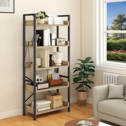 YITAHOME Bookcase 5-Tier, Tall Narrow Bookcase Thin Book Shelf Wooden Shelves Wooden Shelf With Stable Steel Frame