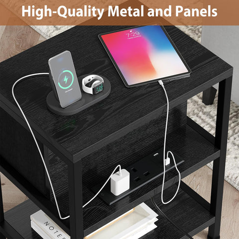 Feonase Slim Side Table with Charging Station, Narrow Bedside Table with Fabric Drawer & Storage, End Table for Living Room Bedroom Small Space