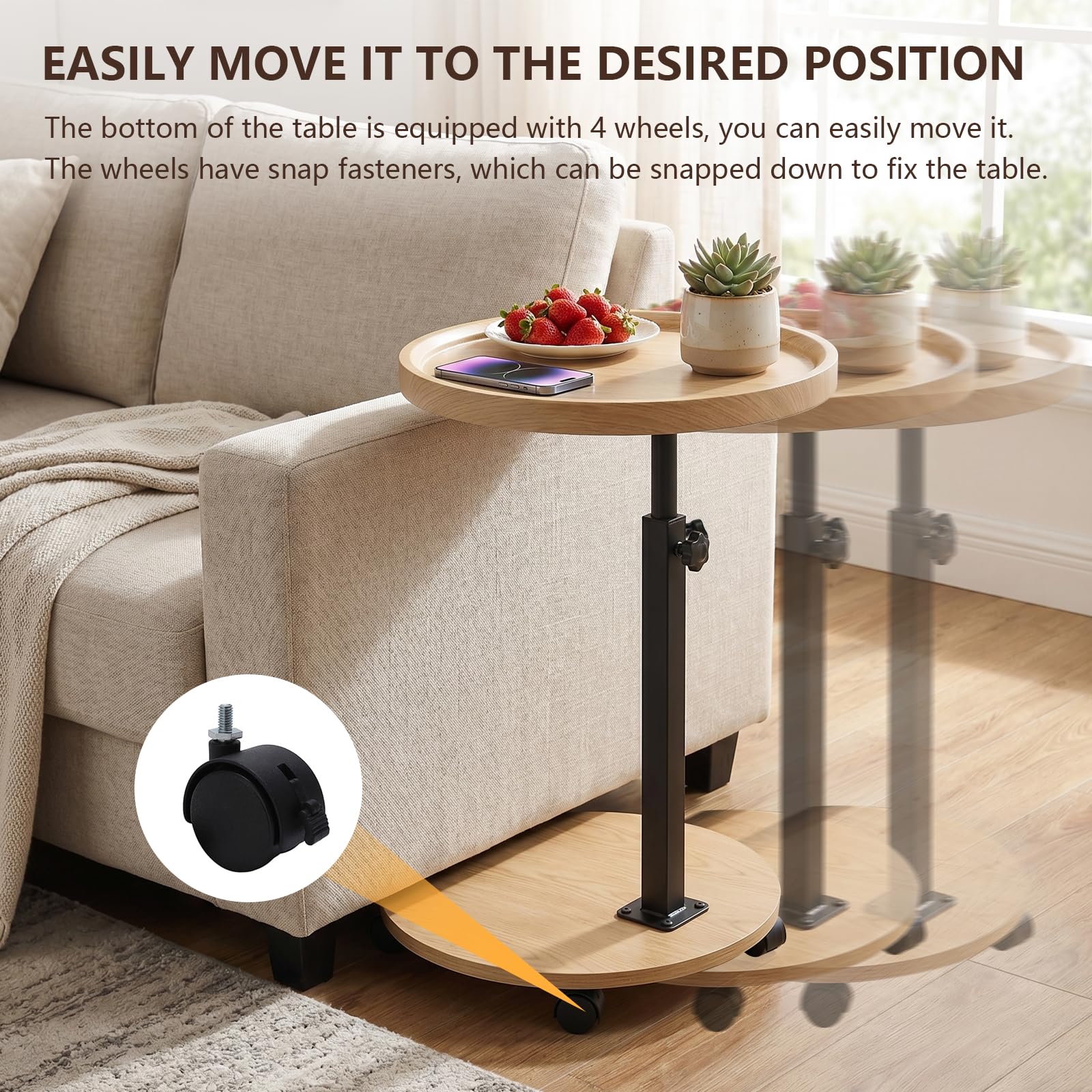 OUAYEMEL Side Table Adjustable Height, 360°Swivel End/Bedside Tables with Wheels for Sofa Bedroom Office Living Room, Coffee Tables for Small Spaces