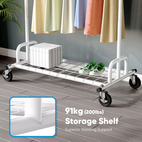 HOKEEPER Heavy Duty Clothes Rail 238kg (525lbs) Capacity, Extendable Hanging Rack with Lockable Wheels & Shelves, Space Saving for Bedroom, Apartment