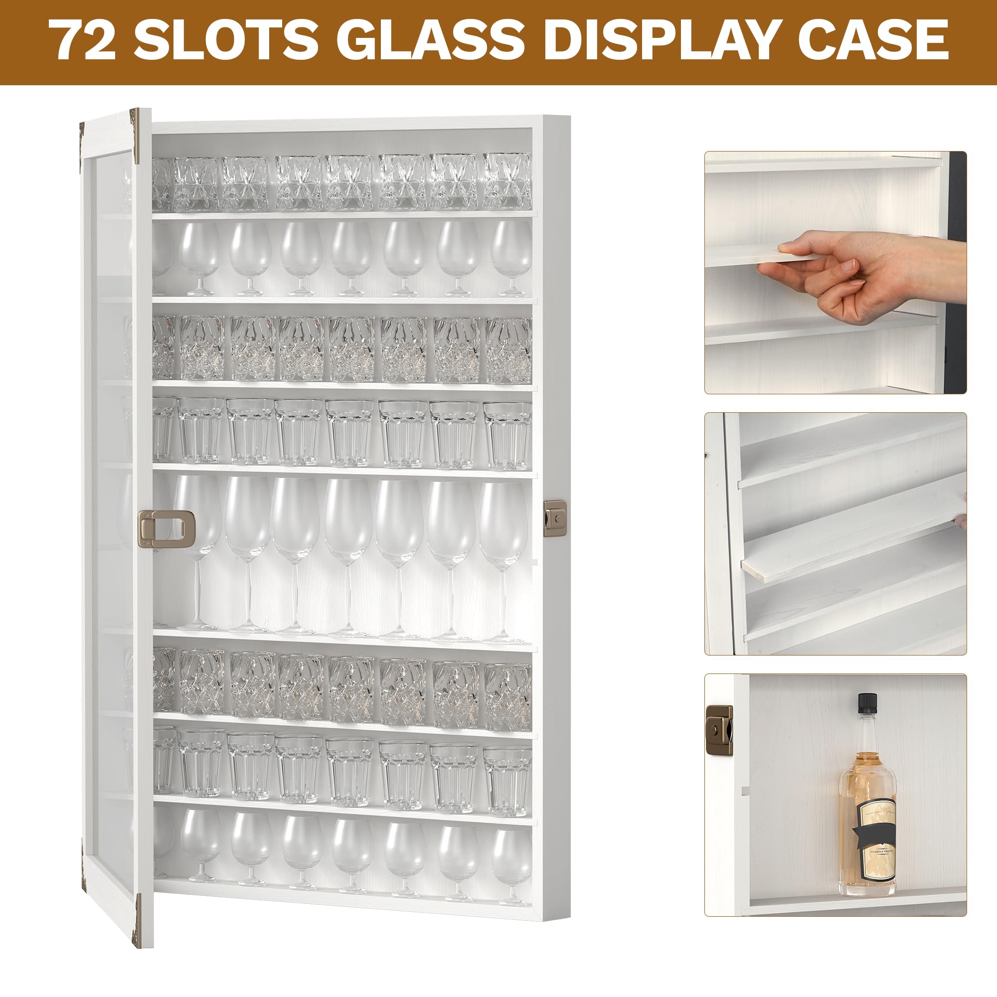 tonchean Shot Glass Display Case Lockable 72 Slots Wooden Display Cabinet