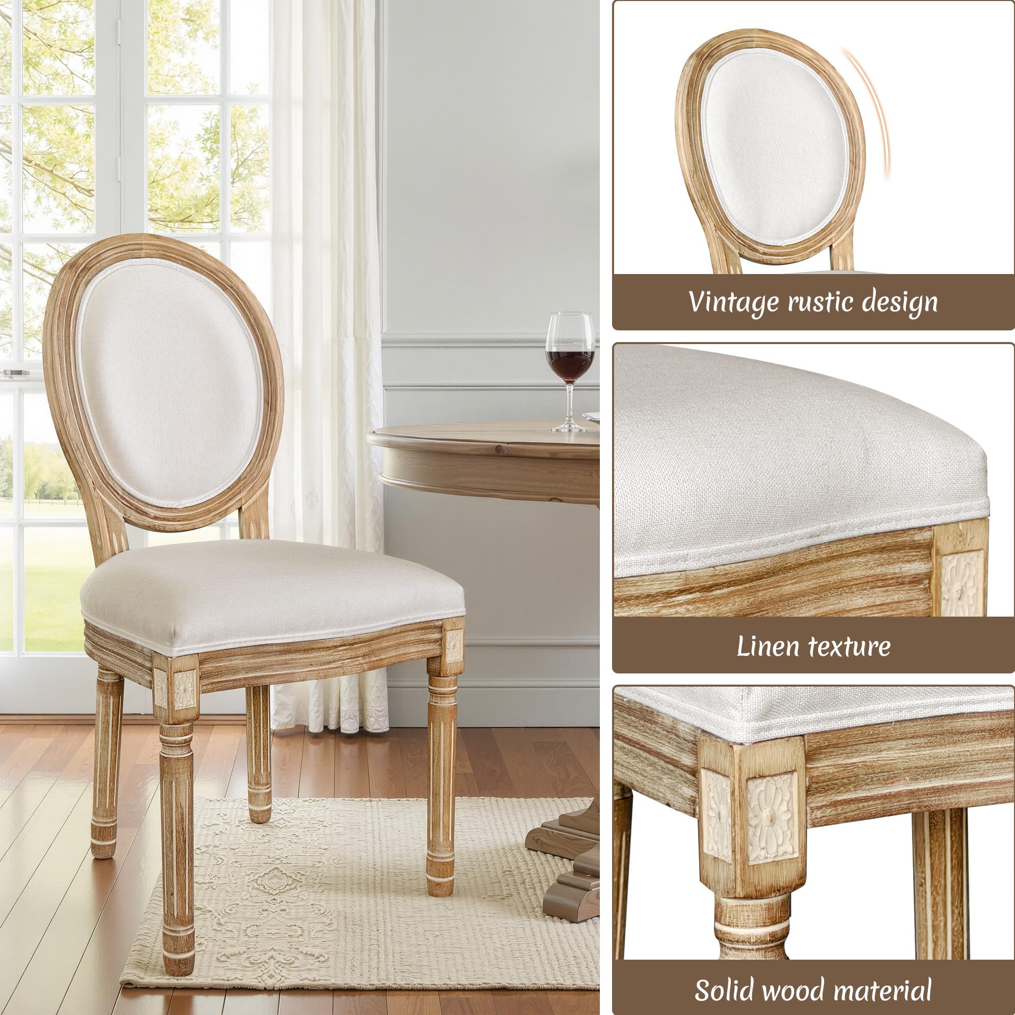 BonVache Cream Dining Chairs Set of 2, Upholstered Linen Vanity Chair with Oval Birch Backrest