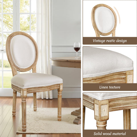 BonVache Cream Dining Chairs Set of 2, Upholstered Linen Vanity Chair with Oval Birch Backrest