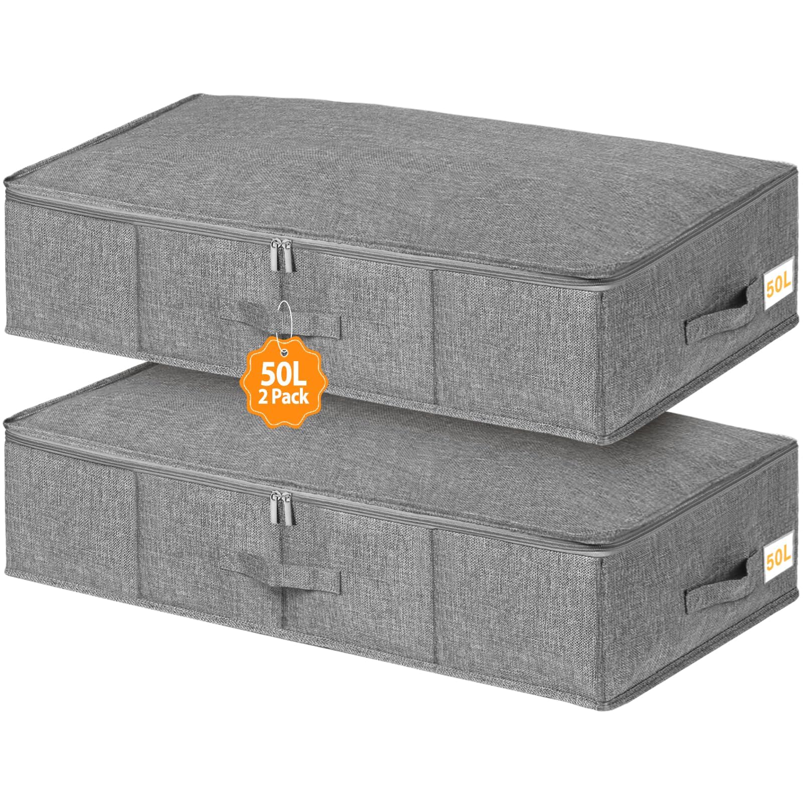 Huquter 50L 17cm Tall Underbed Storage Boxes with Zipped Lids, 2 Pack, Grey