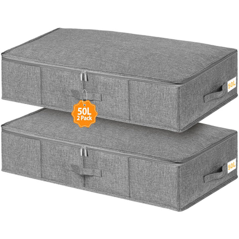 Huquter 50L 17cm Tall Underbed Storage Boxes with Zipped Lids, 2 Pack, Grey