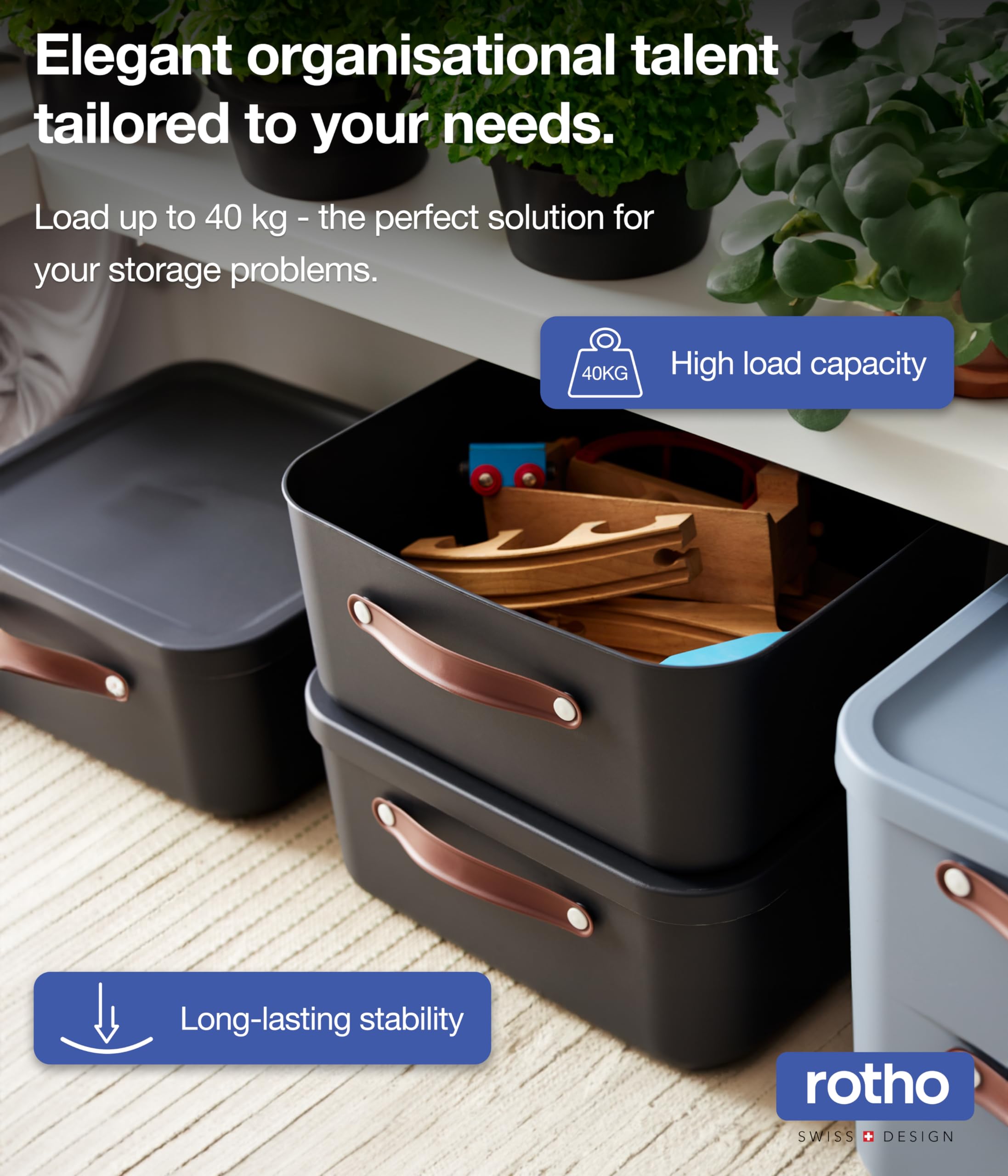Rotho Maloja 40l Stackable Plastic Storage Box, Blue (Recycled PP), 39.5 x 38.0 x 34.0 cm