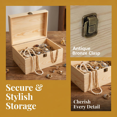 Lyyozwo Unfinished Wooden Box with Lid, Pine Wood Small Wood Crate Boxes, 30 x 20 x 15 cm Wooden Box with Hinged Lid & Locking Clasp for Home Table