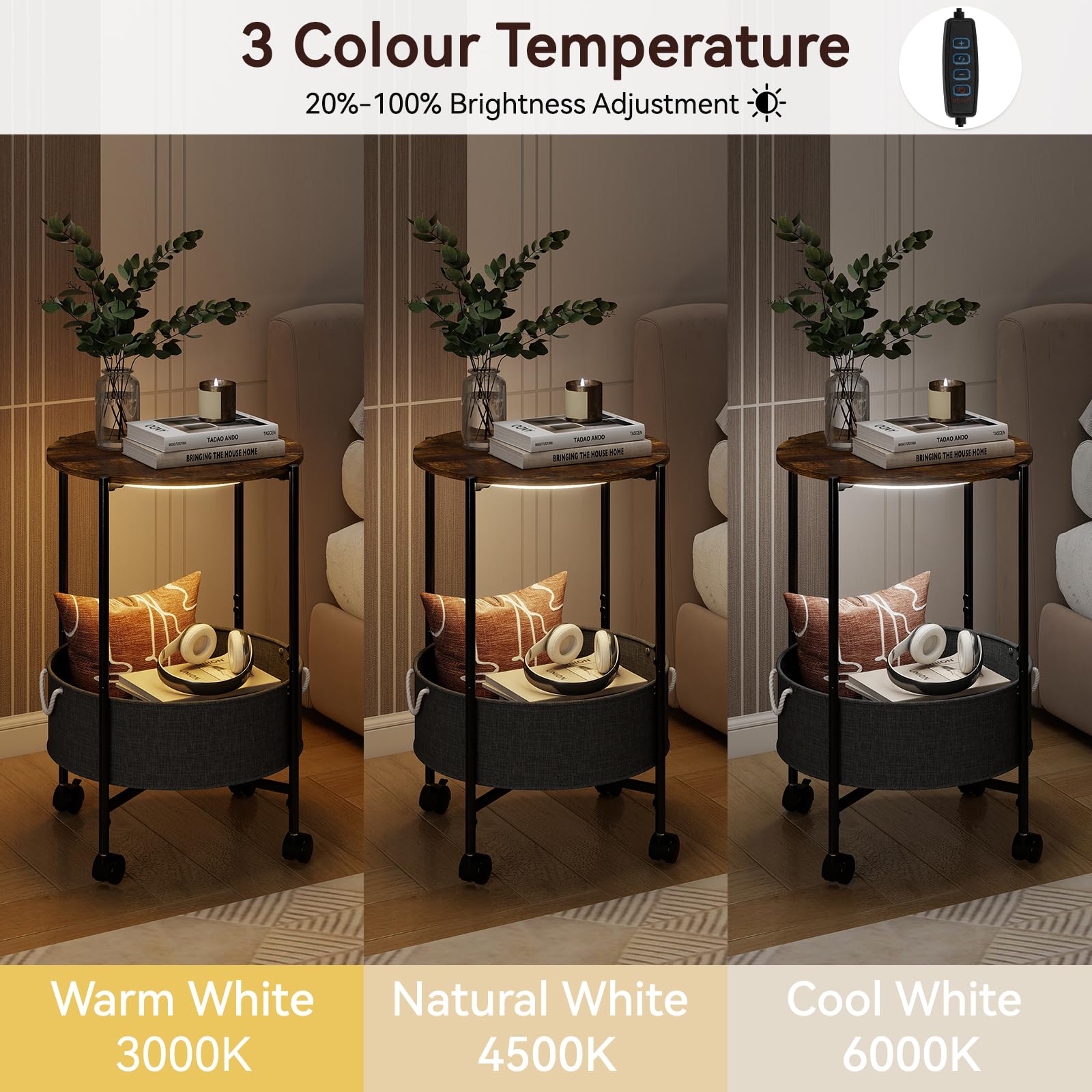 ARTETHYS Side Table, Small Side Coffee Tables for Living Room, End Table with LED Lights, Wheels, Storage Basket, Bedside Sofa Tables for Bedroom
