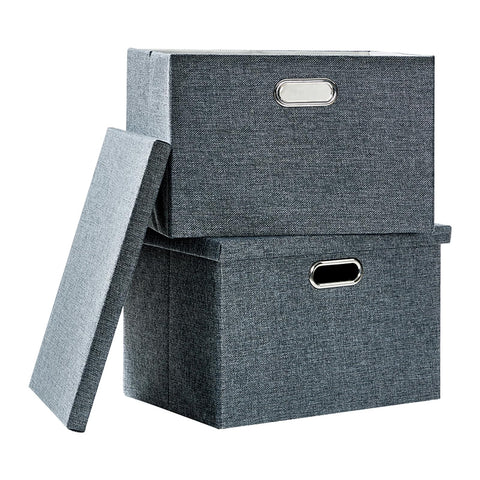 AlphaHome Fabric Storage Boxes with Lids [2 Pack], Foldable Linen Fabric Storage Baskets for Organising Clothes and Toys (Slate Grey, Large)