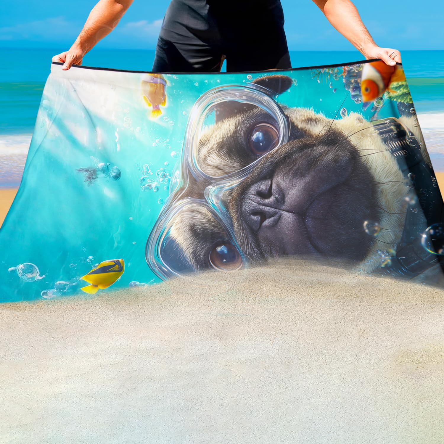 Violetpos Scuba Pug Group Beach Towel for Dog Lovers, Extra Large 180x90 cm 250GSM Microfibre, Sand Free Quick Dry