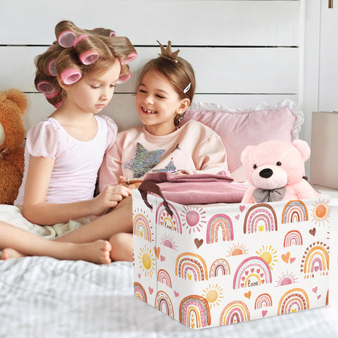 Clastyle Rainbow Baby Laundry Hamper Folding Clothes Kids Storage Basket Waterproof Girls Toy Box for Bedroom,Heart,40x30x30 cm