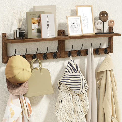 AMBIRD 87cm Wooden Extra-Long Wall Hook Rack with Shelf - Stylish and Versatile Wall-Mounted Storage Solution - 10 Hooks for Hanging Coats, Hats