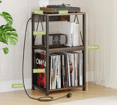 HFHOME Record Player Stand with Charging Station, 3 Tier End Table with Vinyl Record Storage, Record Player Table with Storage