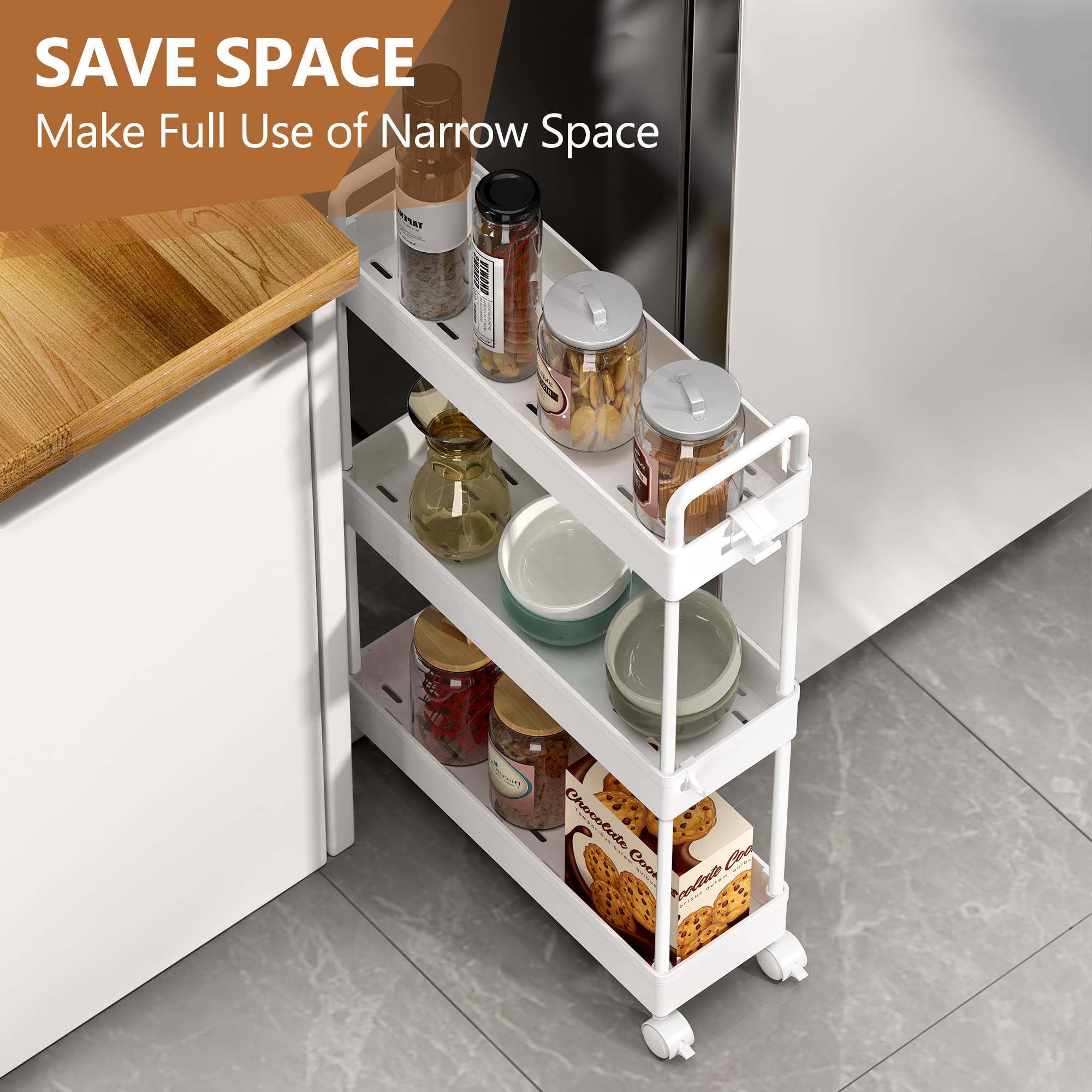SOLEJAZZ Rolling Trolley, Kitchen Trolley with 3 Levels, Narrow Rolling Trolley, Recess Shelf on Wheels for Kitchen, Bathroom, Laundry Room