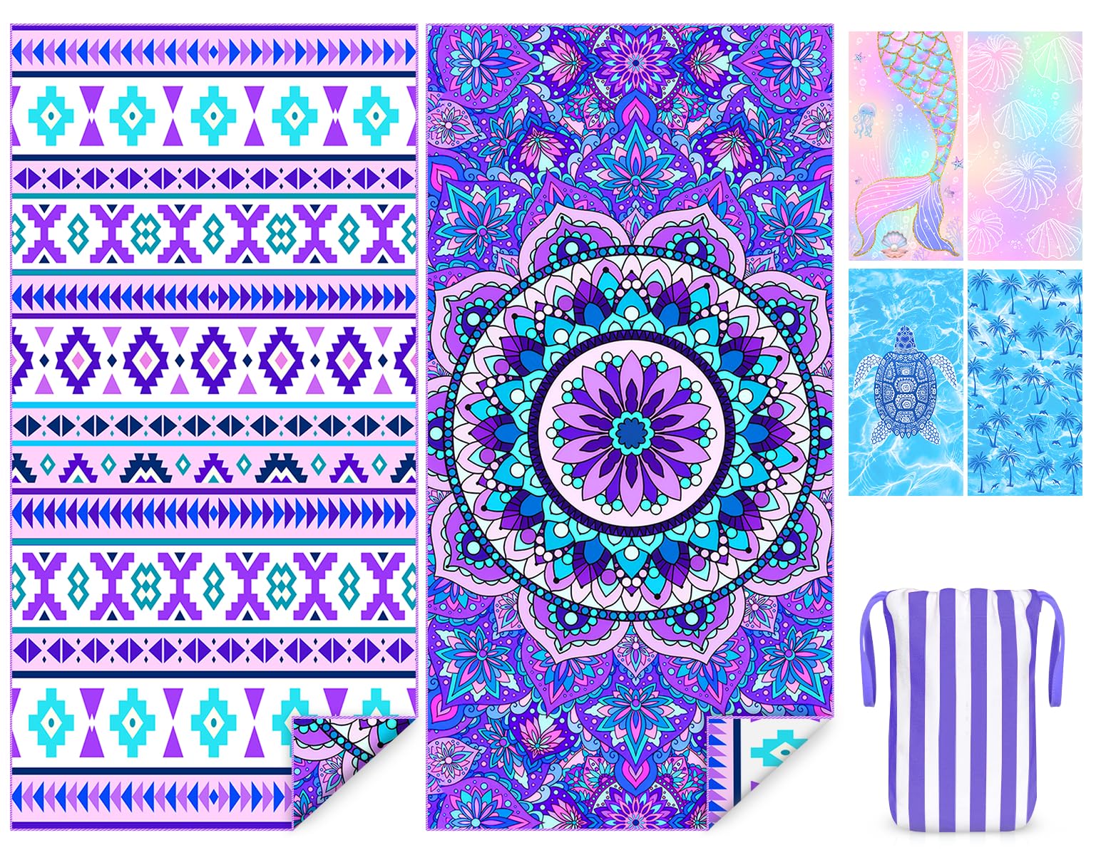 COYBTO Microfibre Beach Towel, 180x90CM Double Sided Quick Dry Beach Towels for Adults, Large Bath Towels with Button, Sandproof, Lightweight
