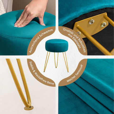 LUE BONA Velvet Round Stool Dressing Table Stool, Makeup Vanity Stool, Ottoman Padded Stool Metal Legs Support, Turquoise Blue