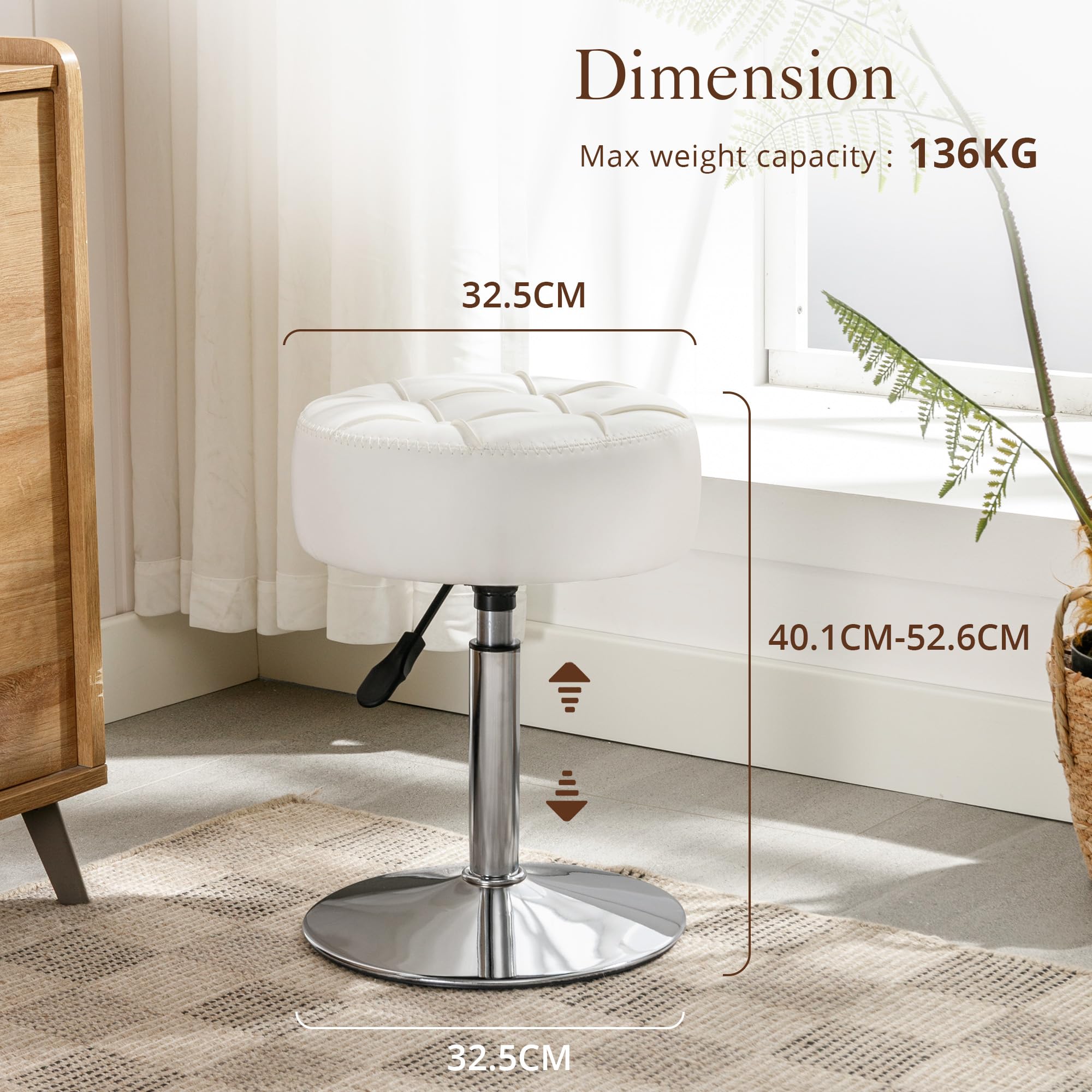 LUE BONA 360°Swivel Vanity Stool, Adjustable Dressing Table Stool, Tufted Design Faux Leather Chair for Dining Room, Living Room, White