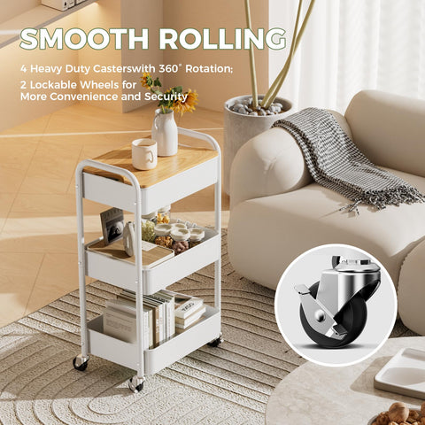 Shrivee 3 Tier Rolling Cart with Table top, Metal Rolling Utility Cart on Wheels, Sturdy Storage Organizer Cart with Hooks for Office, Classroom