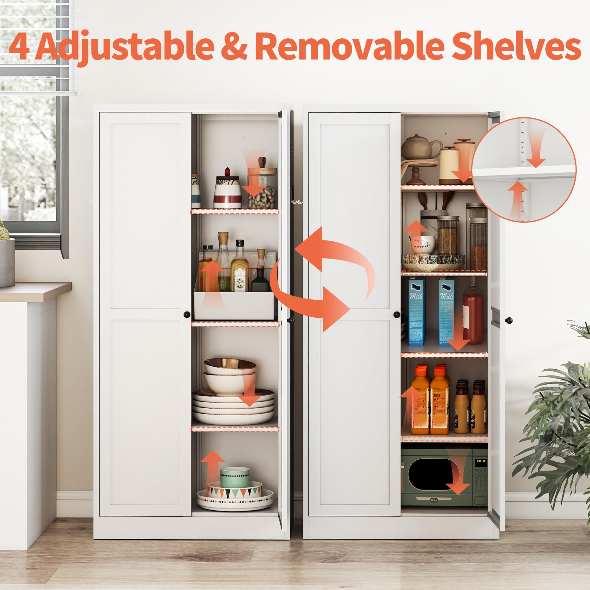 IKIMI 61" Metal Storage Cabinet with 2 Doors and 4 Adjustable Shelves,Steel Filing Cabinets 5-Tier Tool Cabinet,Sideboard Pantry Cabinet,White