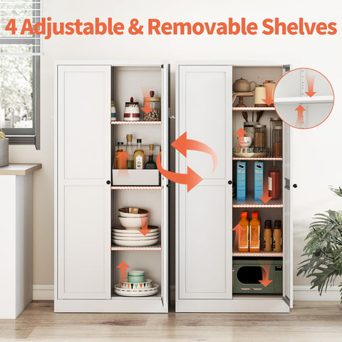 IKIMI 61" Metal Storage Cabinet with 2 Doors and 4 Adjustable Shelves,Steel Filing Cabinets 5-Tier Tool Cabinet,Sideboard Pantry Cabinet,White