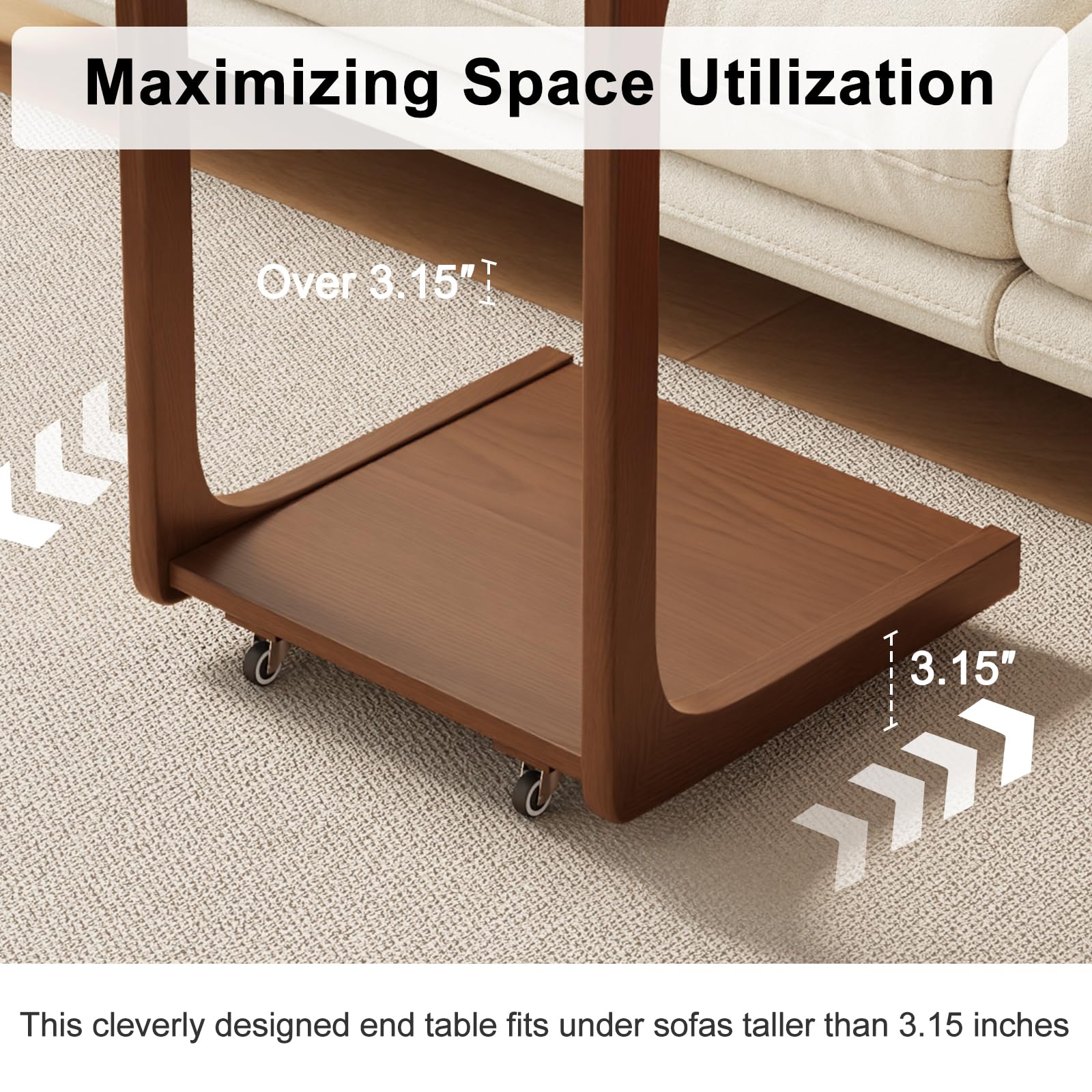 AQIMUELE Wooden C-Shaped End Table,Couch Table with Adjustable Desktop,Small Rolling Side Table with 2 Lockable Wheels 60 Width,Small End Table for