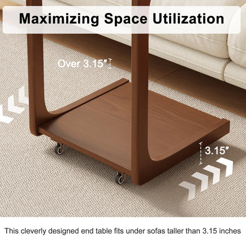 AQIMUELE Wooden C-Shaped End Table,Couch Table with Adjustable Desktop,Small Rolling Side Table with 2 Lockable Wheels 60 Width,Small End Table for