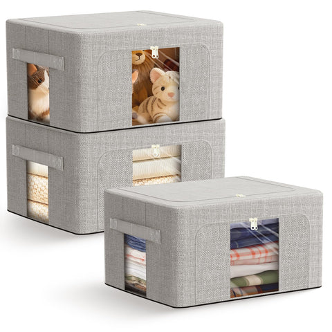 AIOR 3PCS 24L Clothes Storage Bags with Metal Frame, Foldable Fabric Storage Boxes with Clear Windows for Blankets Bedding Comforters