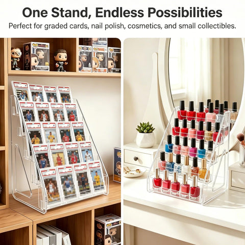 BSLVV 5 Tier Acrylic Display Stand for Trading Cards and Collectibles Clear Vertical Holder with Easy Assembly Perfect for Graded Slabs Postcards