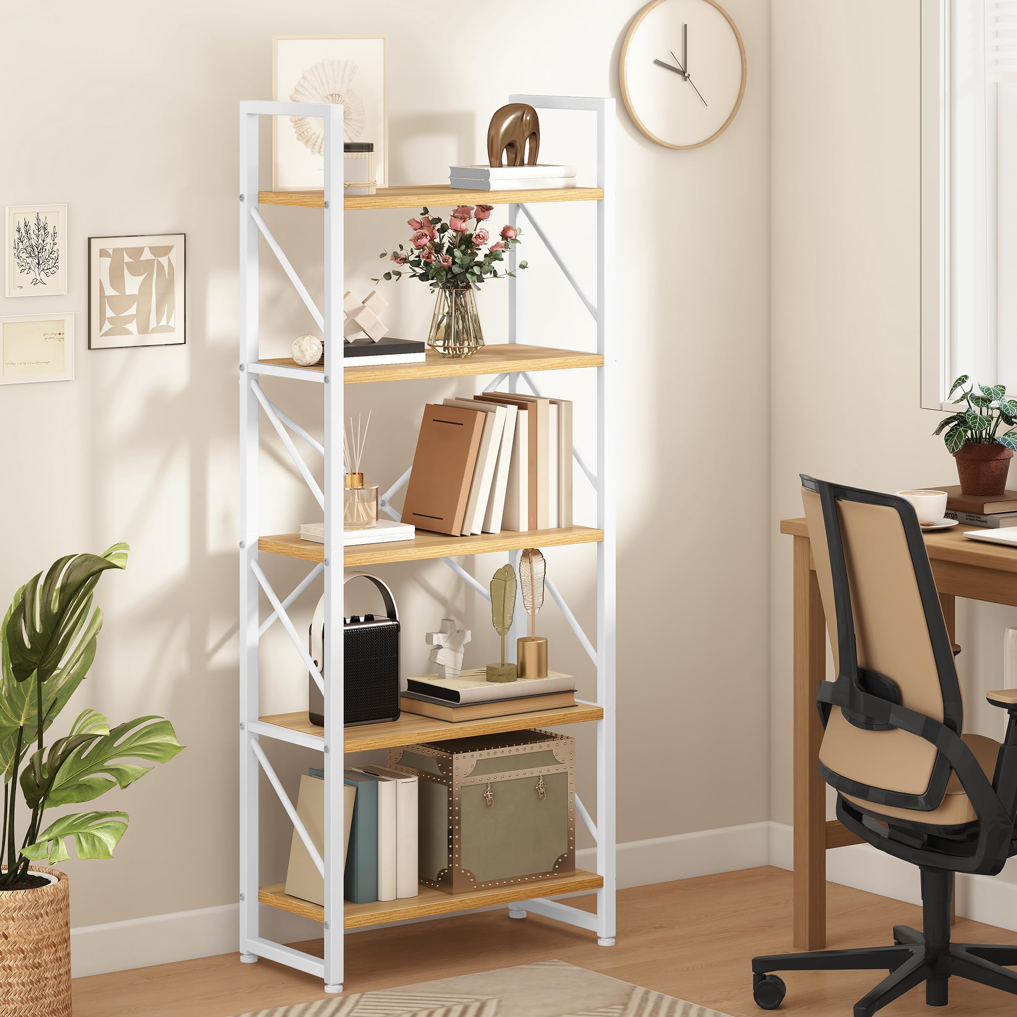 DWVO 5 Tiers Book Shelf, Wood and Metal Bookcase Storage Organizer, Industrial Bookshelf Tall Shelving Unit Display Rack for Living Room Kitchen