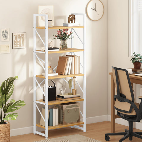 DWVO 5 Tiers Book Shelf, Wood and Metal Bookcase Storage Organizer, Industrial Bookshelf Tall Shelving Unit Display Rack for Living Room Kitchen