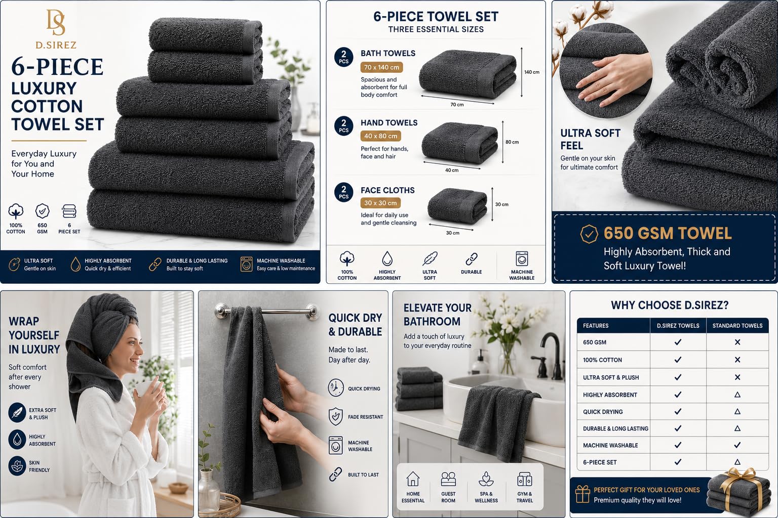 D.Sirez Signature Collection – Luxury 6 Piece Charcoal Grey Towel Set, 650 GSM Cotton Bathroom Towels, 2 Bath Towels, 2 Hand Towels & 2 Face Cloths