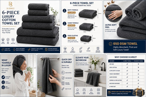 D.Sirez Signature Collection – Luxury 6 Piece Charcoal Grey Towel Set, 650 GSM Cotton Bathroom Towels, 2 Bath Towels, 2 Hand Towels & 2 Face Cloths