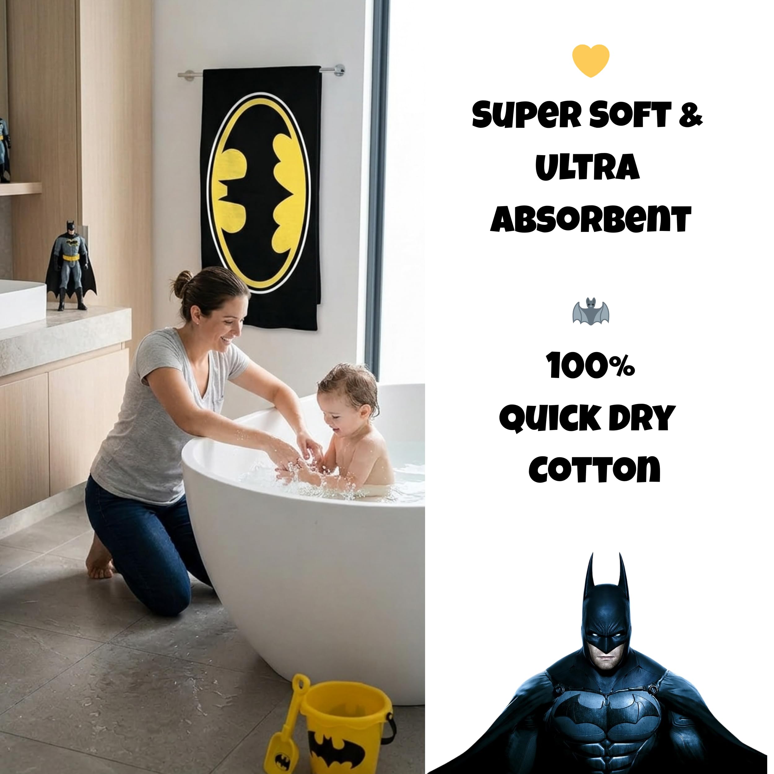 BrandMac Batman Beach and Bath Towel – 100% Cotton, Soft and Absorbent Large Towel 70x140 cm, Ideal for Kids and Adults, Machine Washable