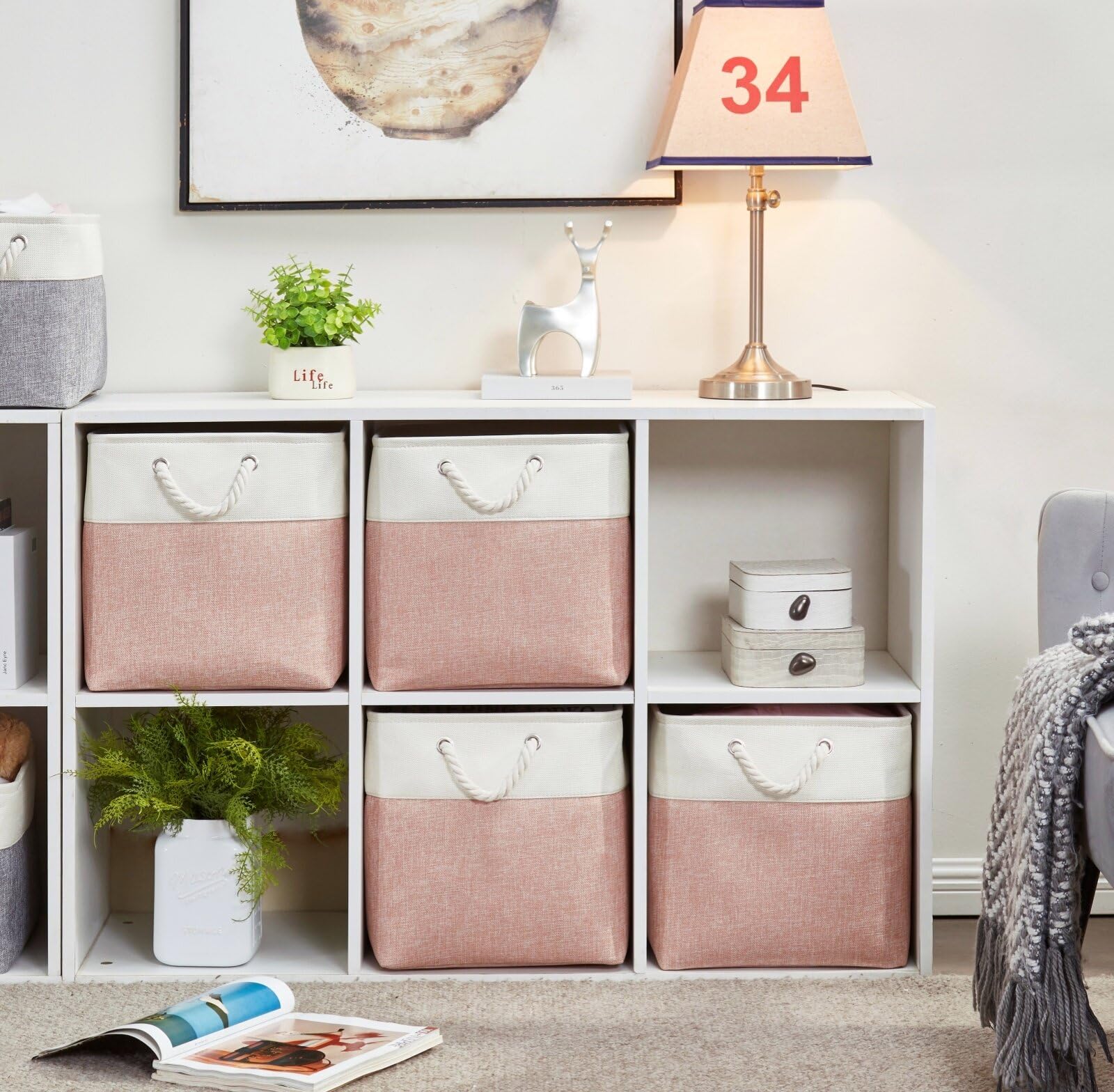 Mangata Fabric Storage Boxes, 25x25x25cm Cube Storage Boxes for Organizing Clothes Shelf Nursery Home Closet(Pink/White, Set of 4)