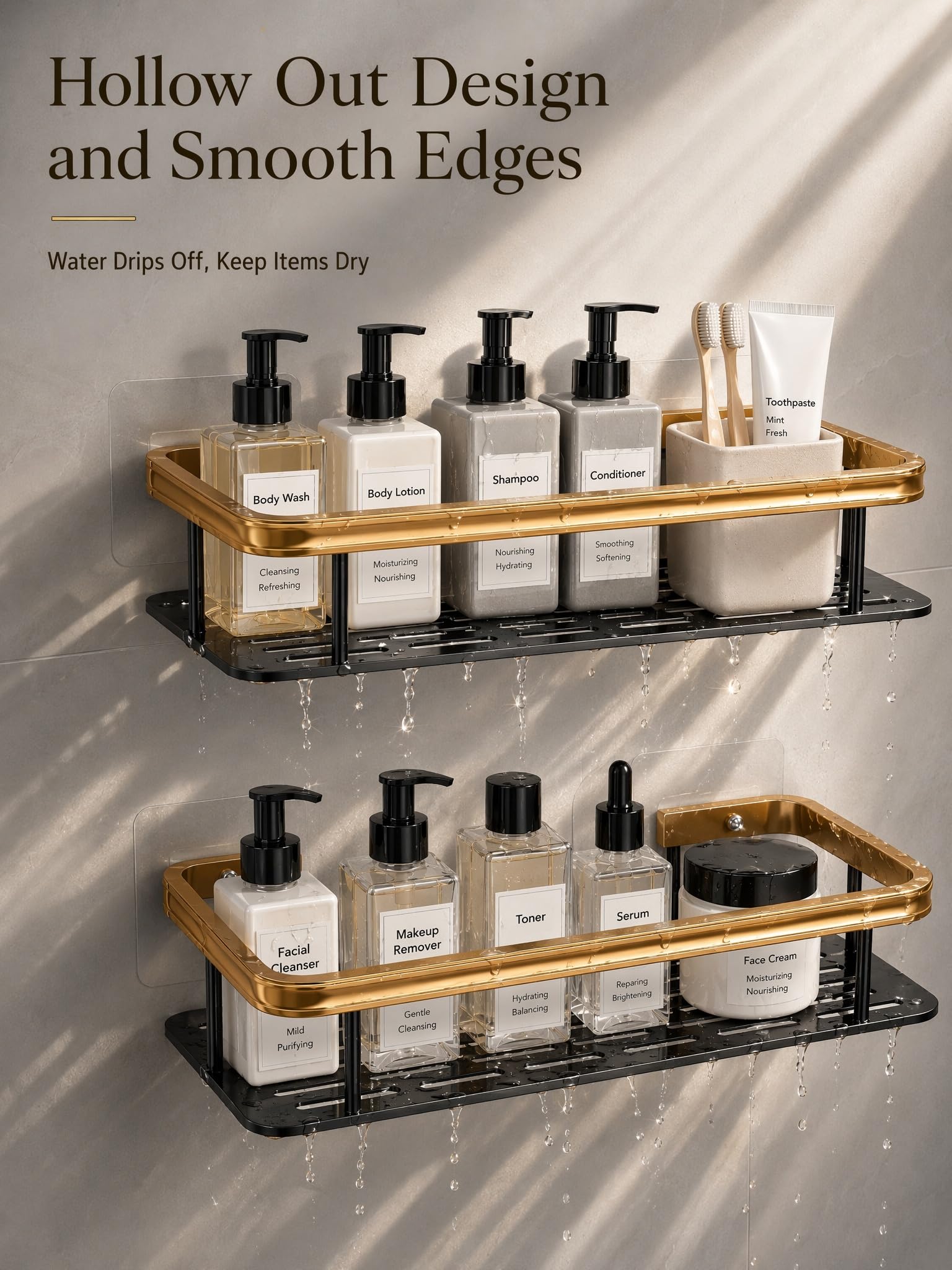 Shower Caddy 2 Pack, Black Gold Aluminium Storage Shelf, Wall Organiser