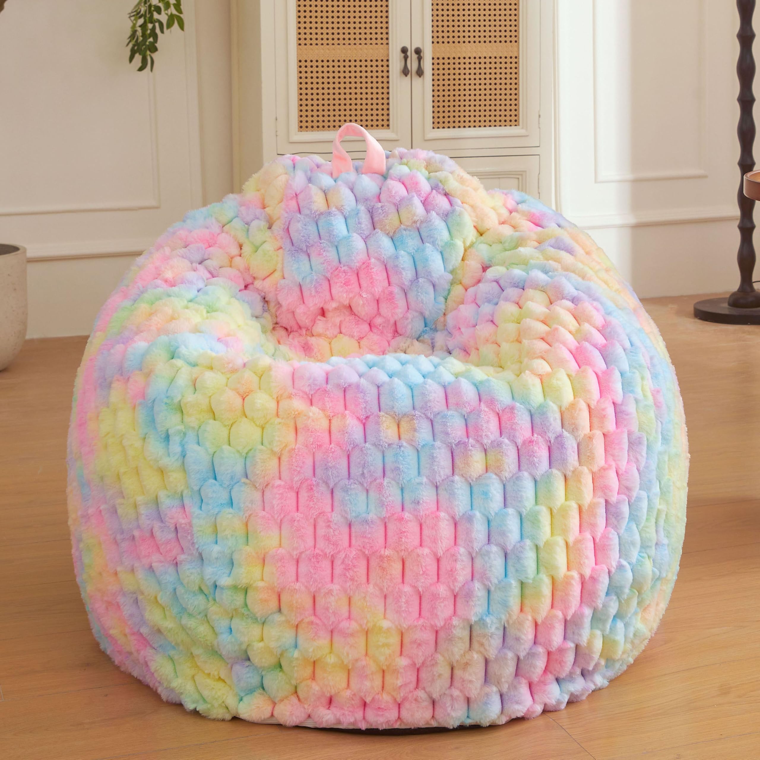 XeGe 3D Bubble Fluffy Faux Rabbit Fur Bean Bag Cover(No Filler), Rainbow