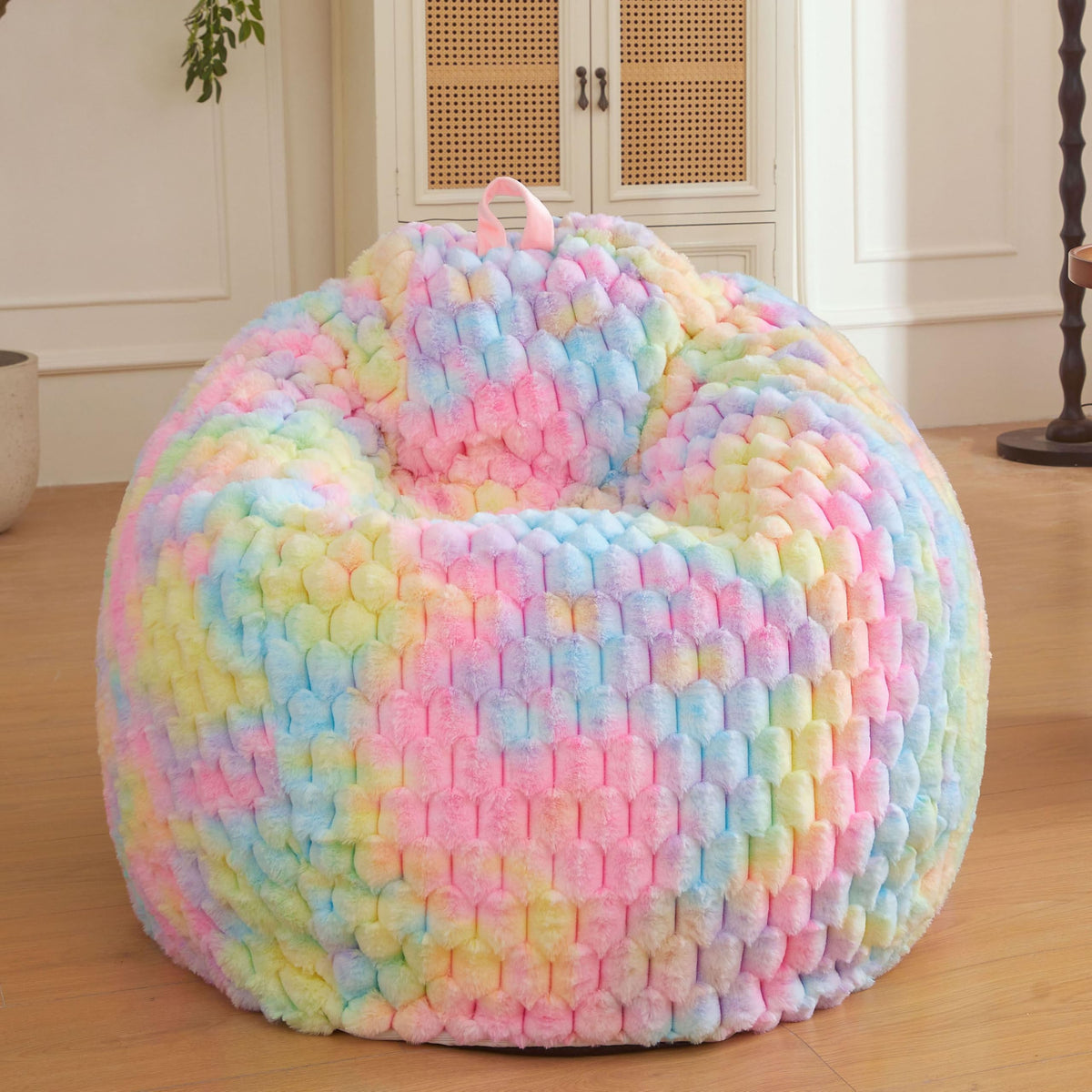 XeGe 3D Bubble Fluffy Faux Rabbit Fur Bean Bag Cover(No Filler), Rainbow