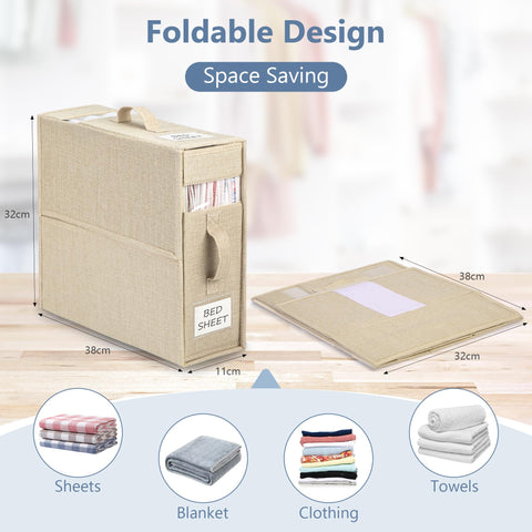 WELTRXE Bed Sheet Organizer, 4 Pack Foldable Bedding Organiser with Handle and Window, Foldaway Closet Storage Bins