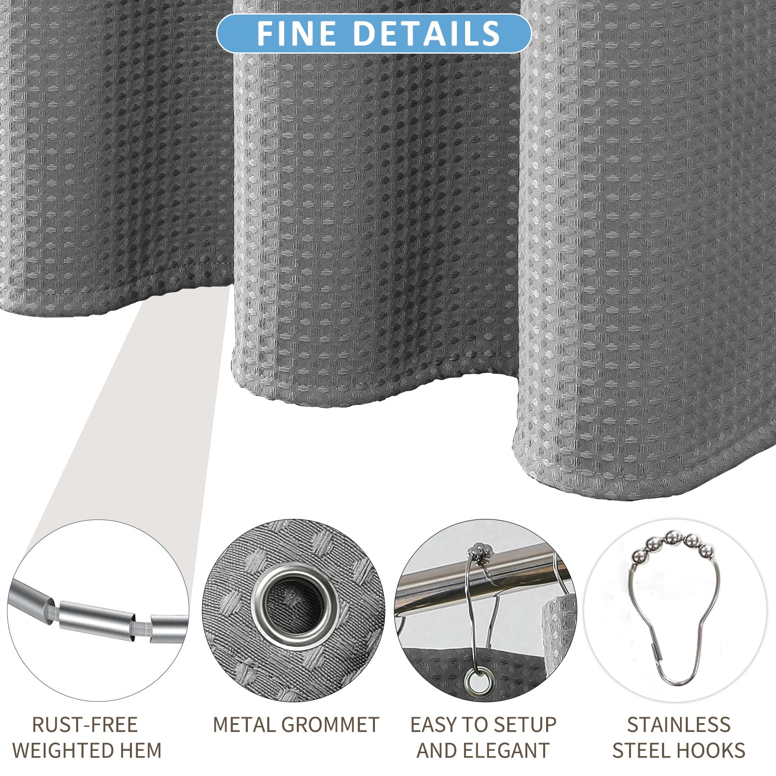 FY&XZH Heavy-Duty Waffle Weave Shower Curtain with Stainless Steel Hooks, Thick Fabric for Bathroom, Hotel, Spa & Salon-153 x 183cm (Gray)