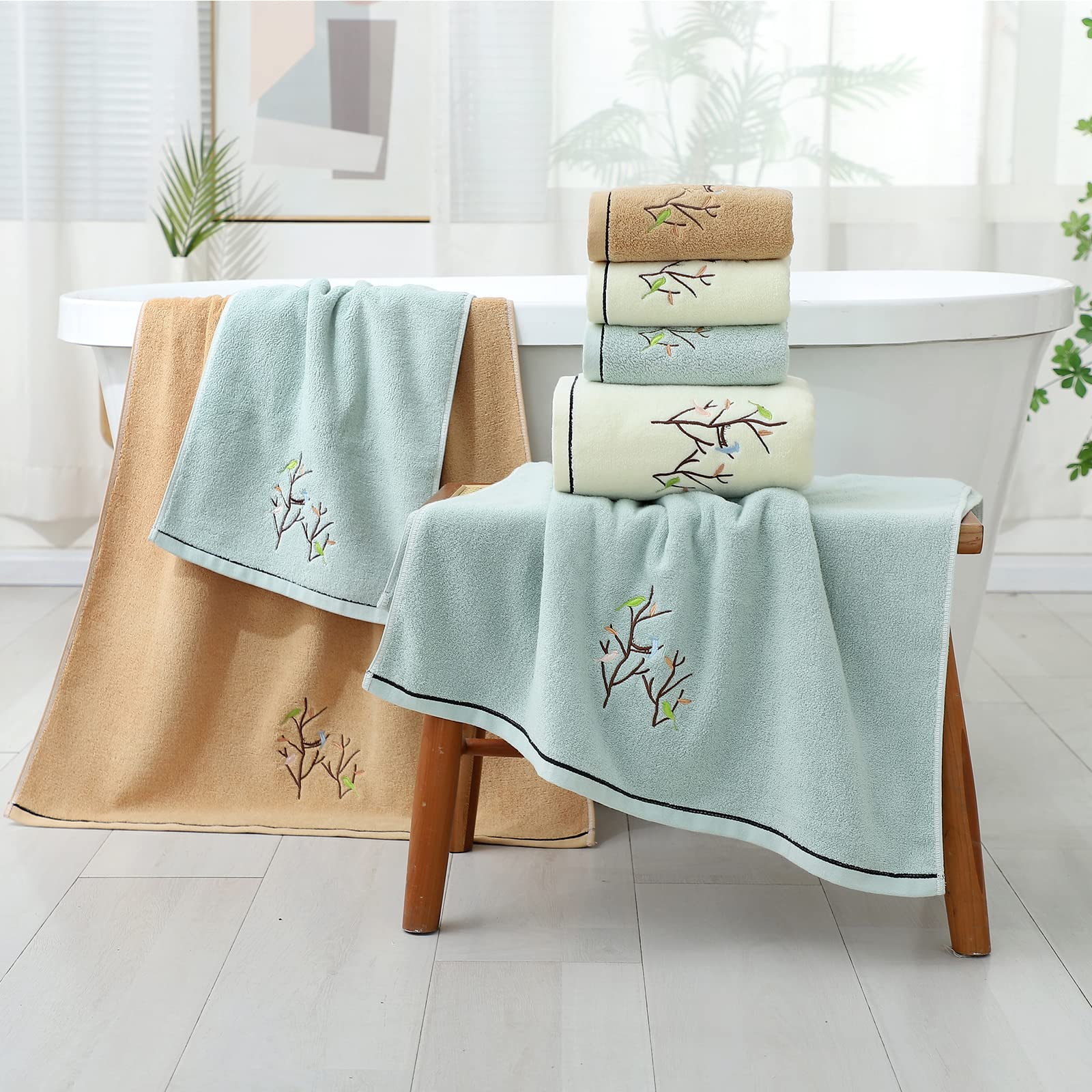 Pidada Hand Towels Set of 4 Embroidered Bird Tree Pattern 100% Cotton Absorbent Soft Decorative Towel for Bathroom 35 x 75 cm (Aqua Green)