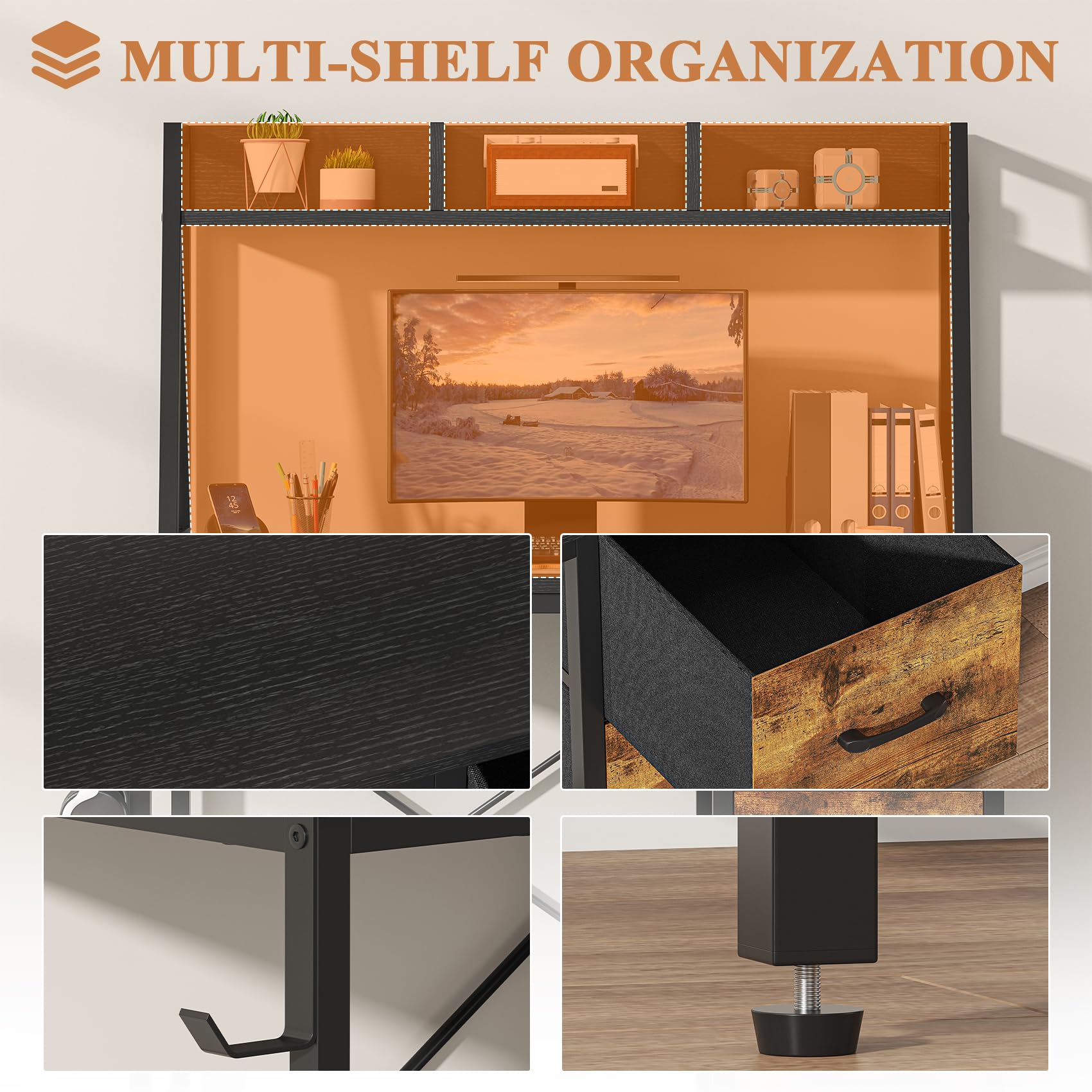 Feonase Industrial-Style Computer Desk with 3-Tier Wall-Mounted Shelf & 3 Fabric Drawers – MDF Desktop for Home Office, Study & Organization, Balck