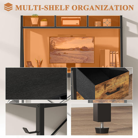 Feonase Industrial-Style Computer Desk with 3-Tier Wall-Mounted Shelf & 3 Fabric Drawers – MDF Desktop for Home Office, Study & Organization, Balck