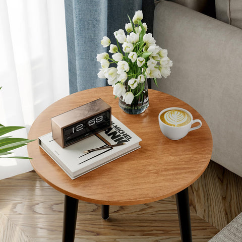 APICIZON Round Side Table, Small End Table with Reinforced Metal Connectors, Walnut Wooden Bedside Table for Living Room, Bedroom