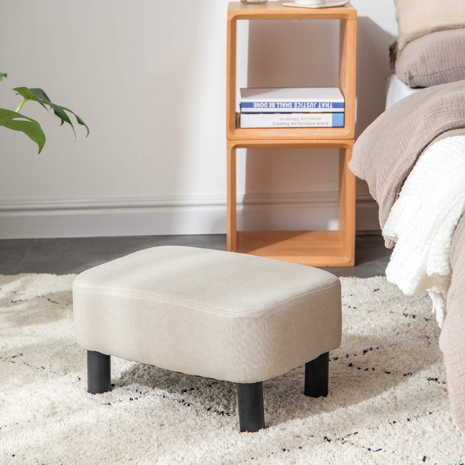 YMYNY 42CM Footstool, Rectangle Ottoman with Stable Wooden Legs, Modern Linen Fabric Footrest, Change Shoes Stool for Living Room