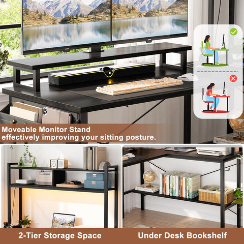 iSunirm L Shaped Gaming Desk with Power Outlets & LED Lights, Small L- Shaped Computer Corner Desk with Monitor Stand & Storage Shelf